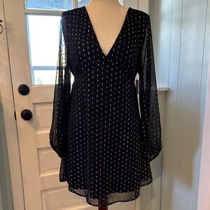 Black Sheer Long-Sleeve V-Neck Mini Dress with Silver Dot Detail